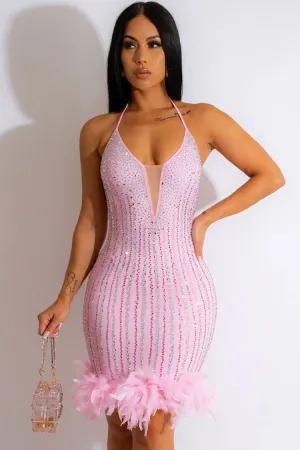 Sparkly Rhinestone Halter Neck Bodycon Feather Trim Party Mini Dress - Pink