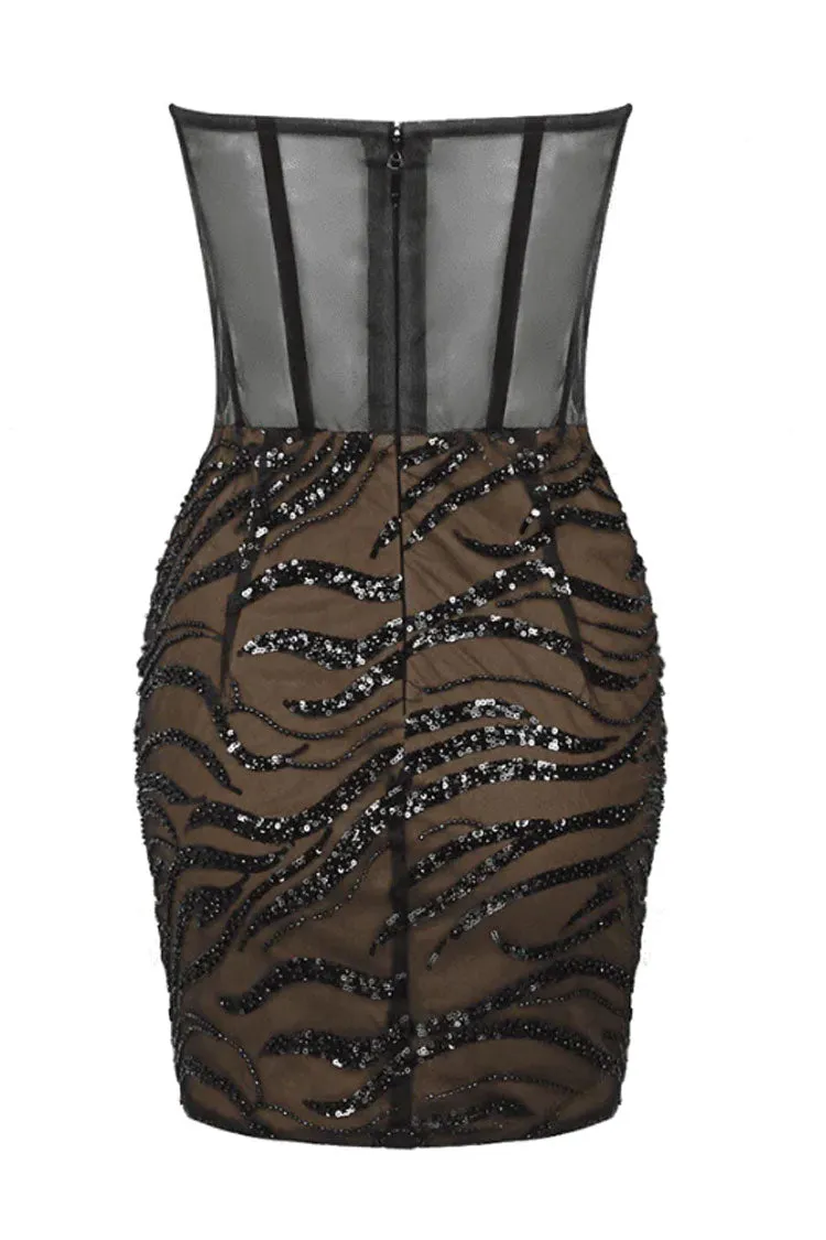 Sparkly Rhinestone Strapless Ruched Sequin Mesh Corset Party Mini Dress - Black