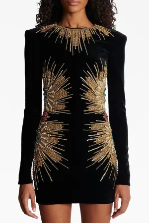 Sparkly Sequin Rhinestone Crew Neck Long Sleeve Velvet Party Mini Dress - Black