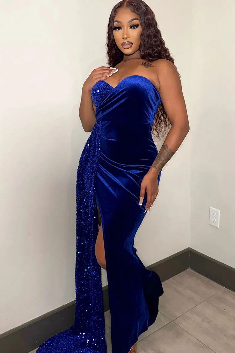 Sparkly Sequin Strapless Draped High Split Velvet Evening Maxi Dress - Royal Blue