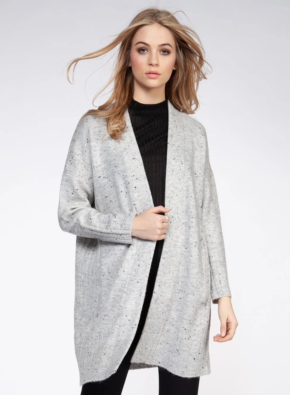 Speckled Grey Open Front Cardigan Sweater