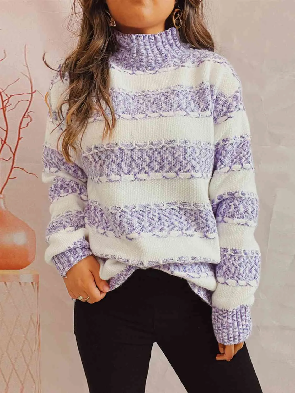 Striped Turtleneck Long Sleeve Sweater