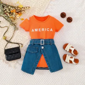 Summer Toddler Girl Letter Printed Short Sleeves Irregular Denim High Waisted Skirt