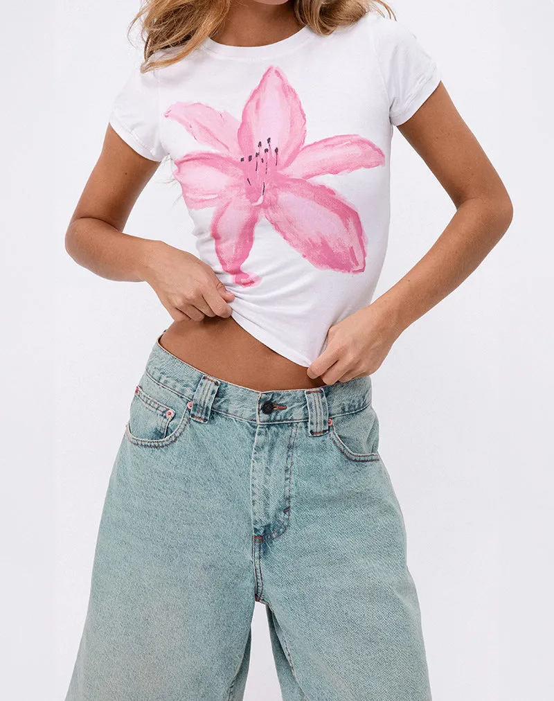 Sutin Tee in White with Painted Flower Pink