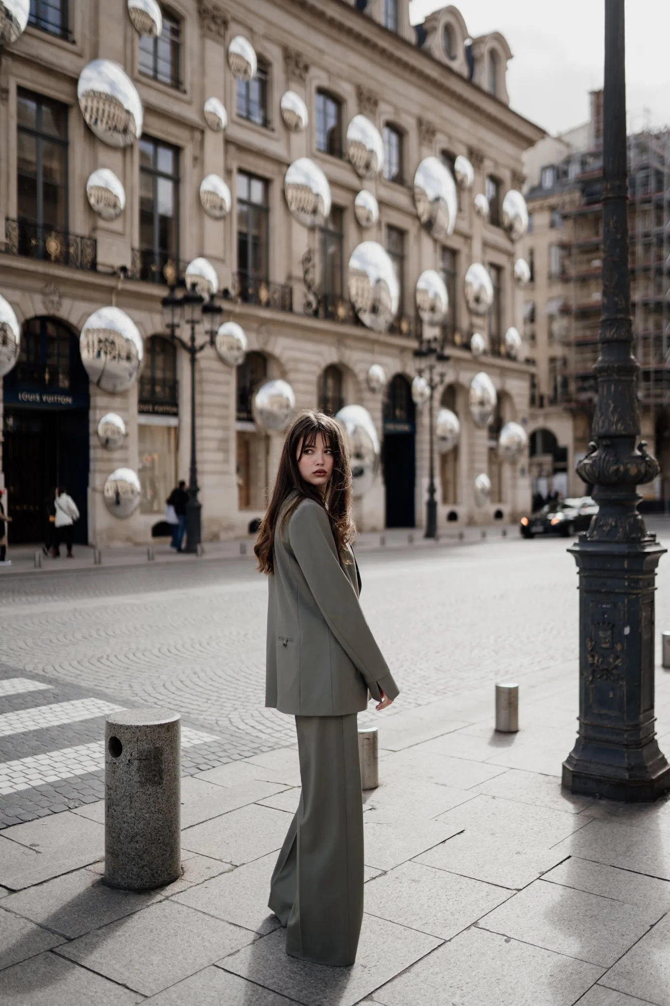 Tailored Wide Leg Wool Trousers in Smokey Olive