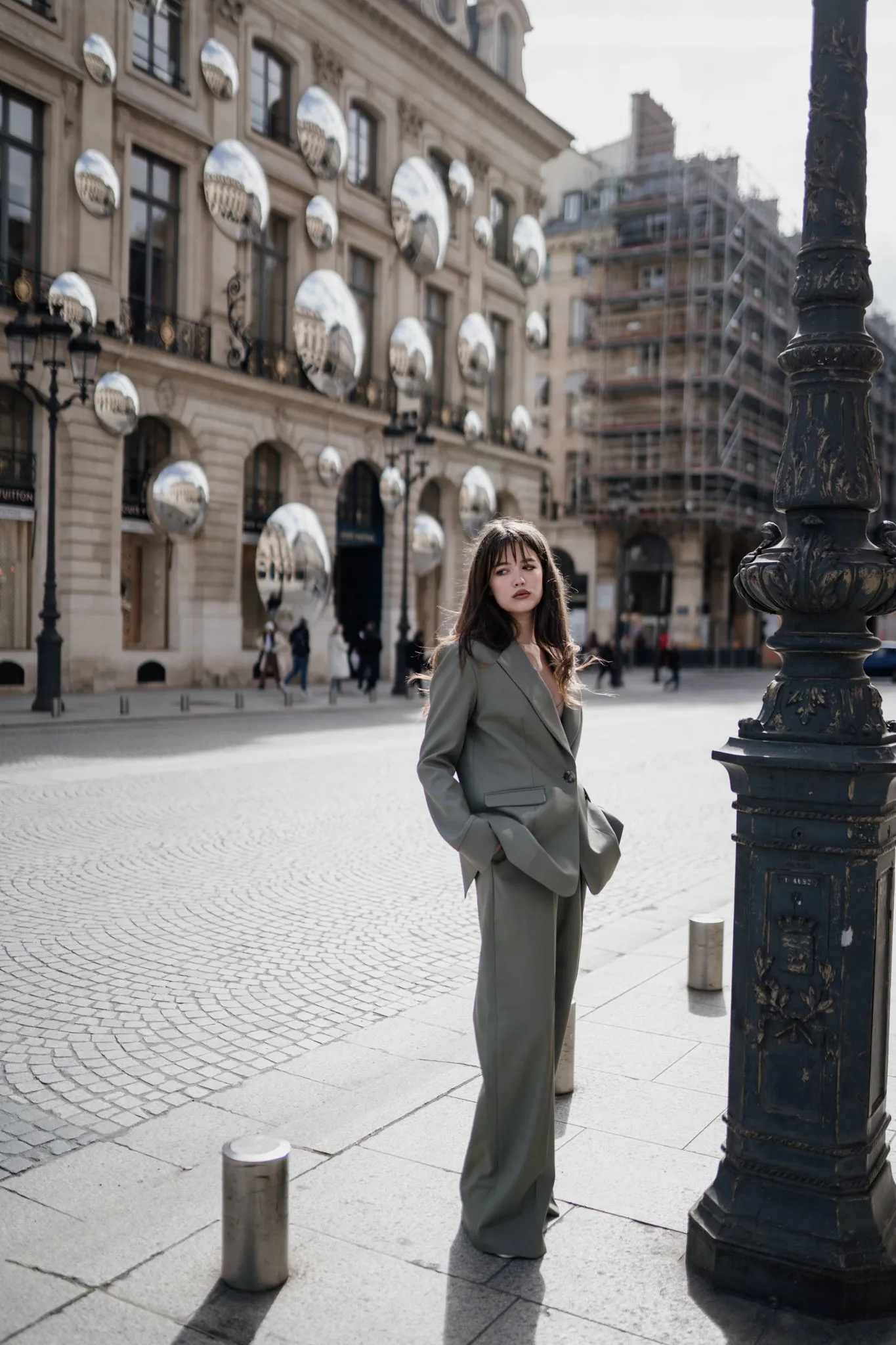 Tailored Wide Leg Wool Trousers in Smokey Olive