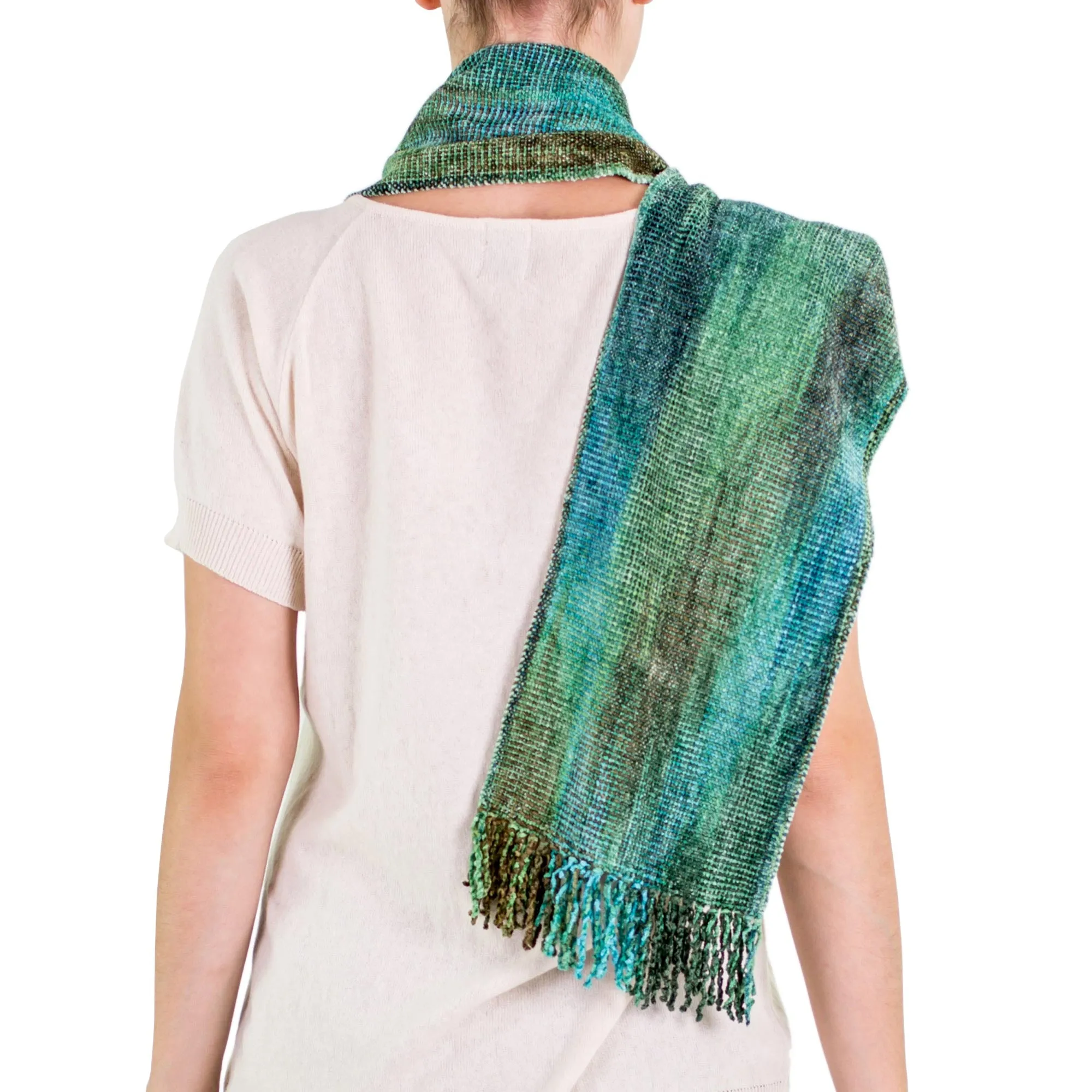 Teal and Blue Backstrap Loom Rayon Chenille Scarf - Precious Teal | NOVICA