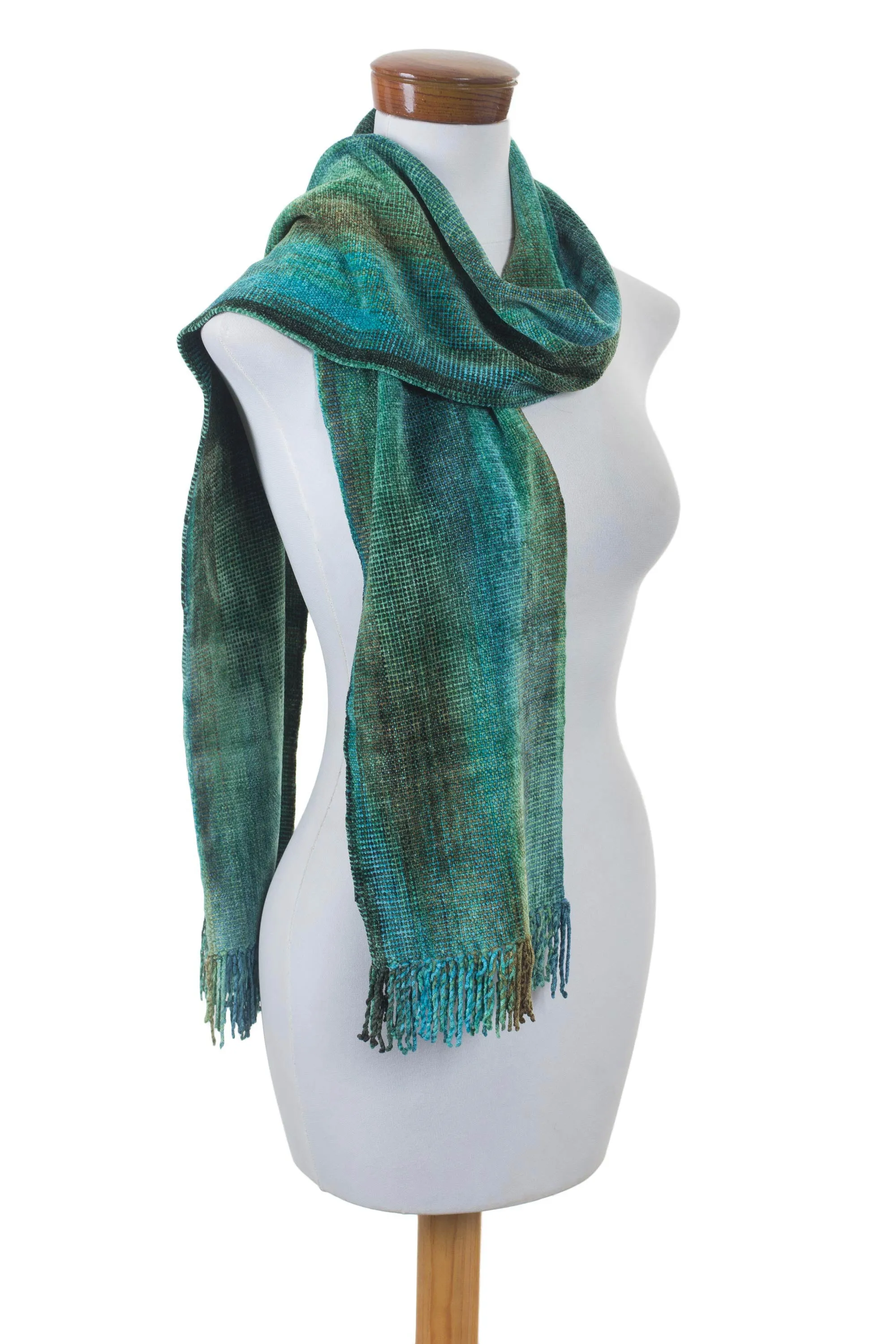 Teal and Blue Backstrap Loom Rayon Chenille Scarf - Precious Teal | NOVICA