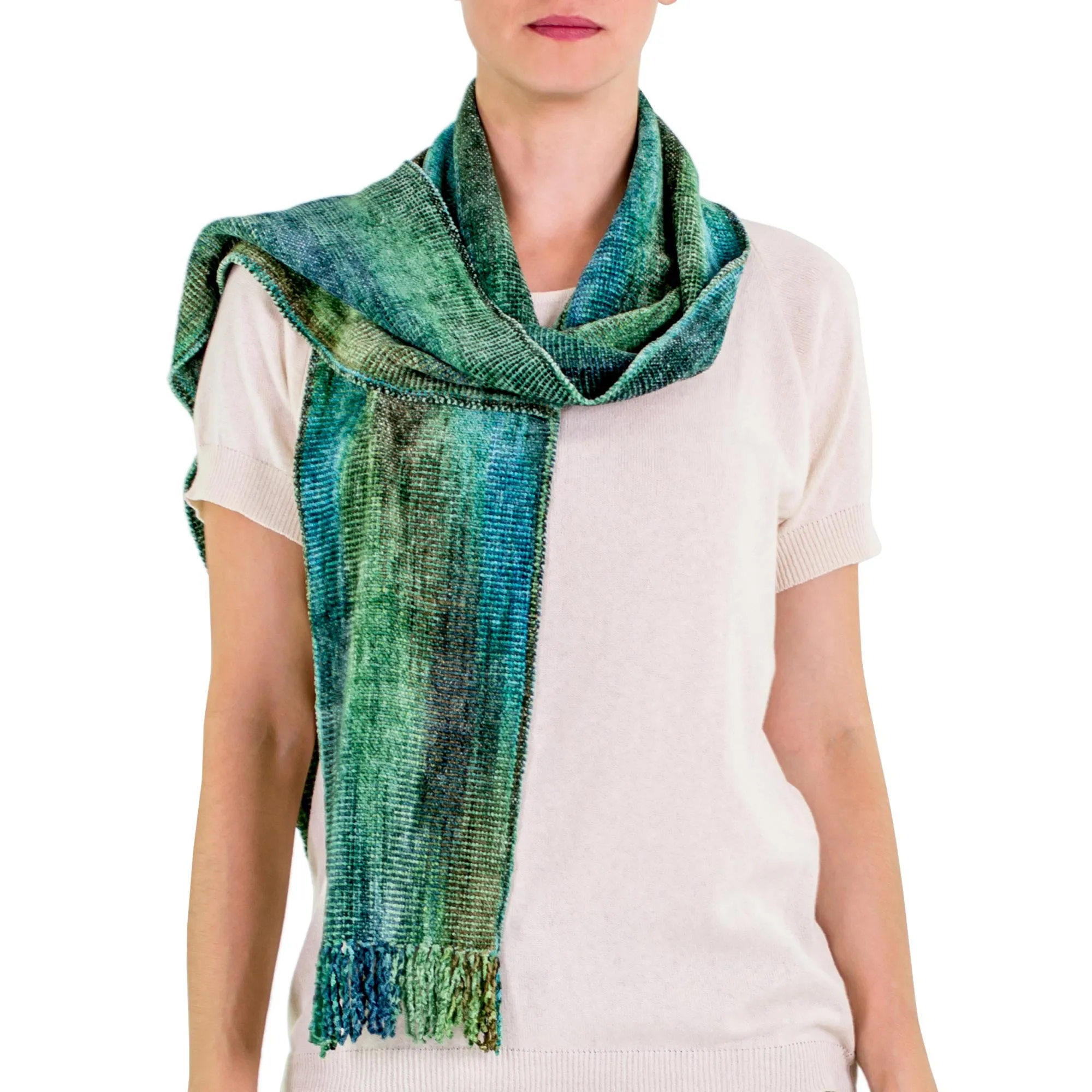 Teal and Blue Backstrap Loom Rayon Chenille Scarf - Precious Teal | NOVICA