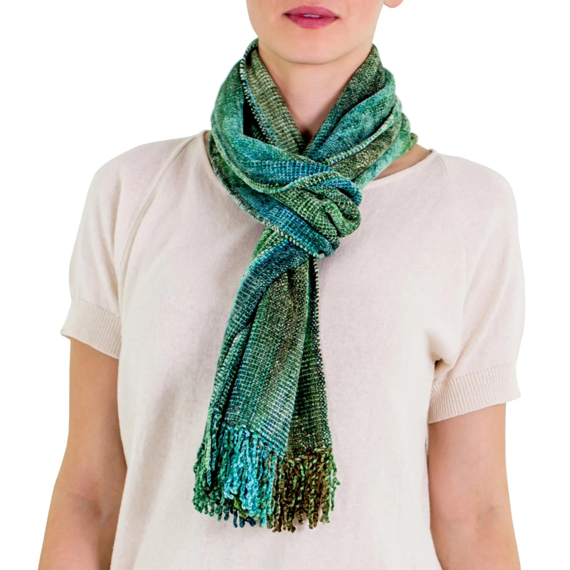 Teal and Blue Backstrap Loom Rayon Chenille Scarf - Precious Teal | NOVICA