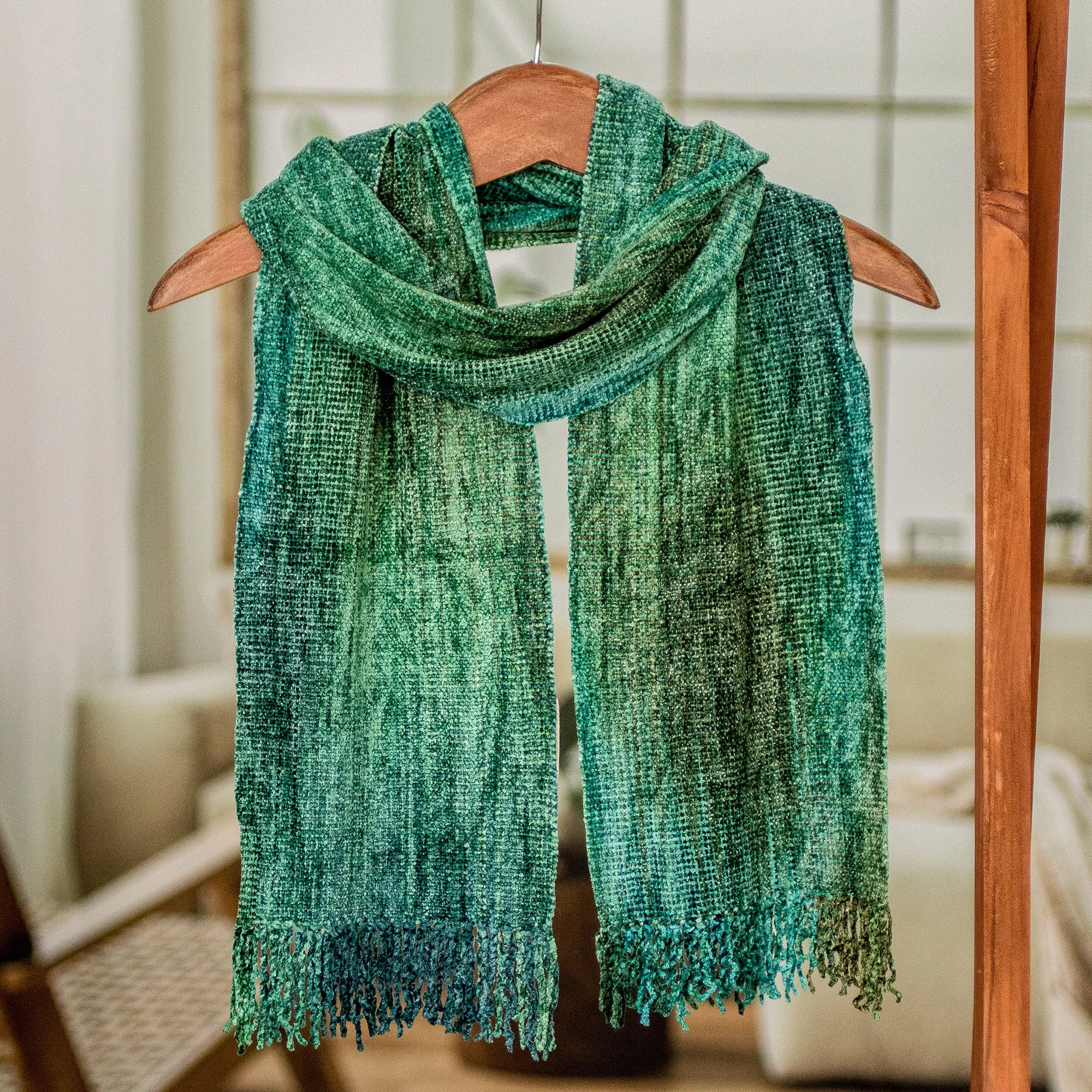 Teal and Blue Backstrap Loom Rayon Chenille Scarf - Precious Teal | NOVICA