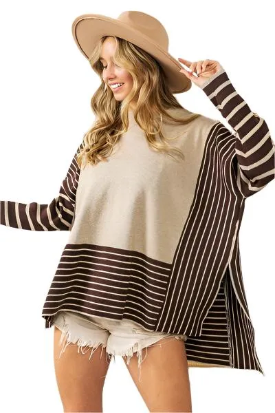 TEEK - Striped Contrast Long Sleeve Slit Top