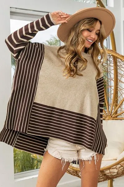 TEEK - Striped Contrast Long Sleeve Slit Top