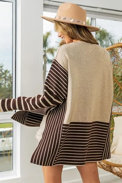 TEEK - Striped Contrast Long Sleeve Slit Top