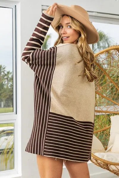 TEEK - Striped Contrast Long Sleeve Slit Top