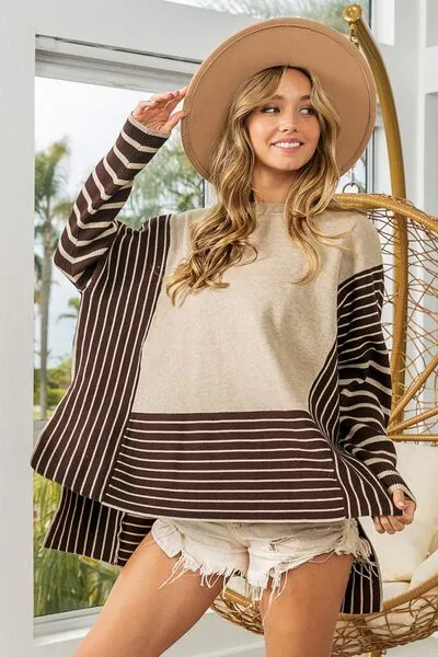 TEEK - Striped Contrast Long Sleeve Slit Top