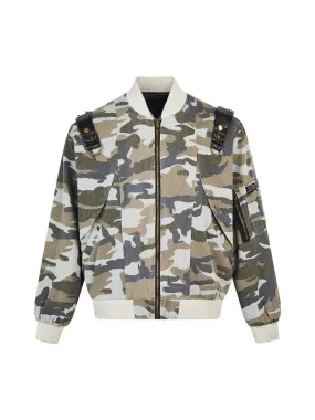 Thesupermade Camouflage Leather Shoulder Pad Denim Bomber Jacket