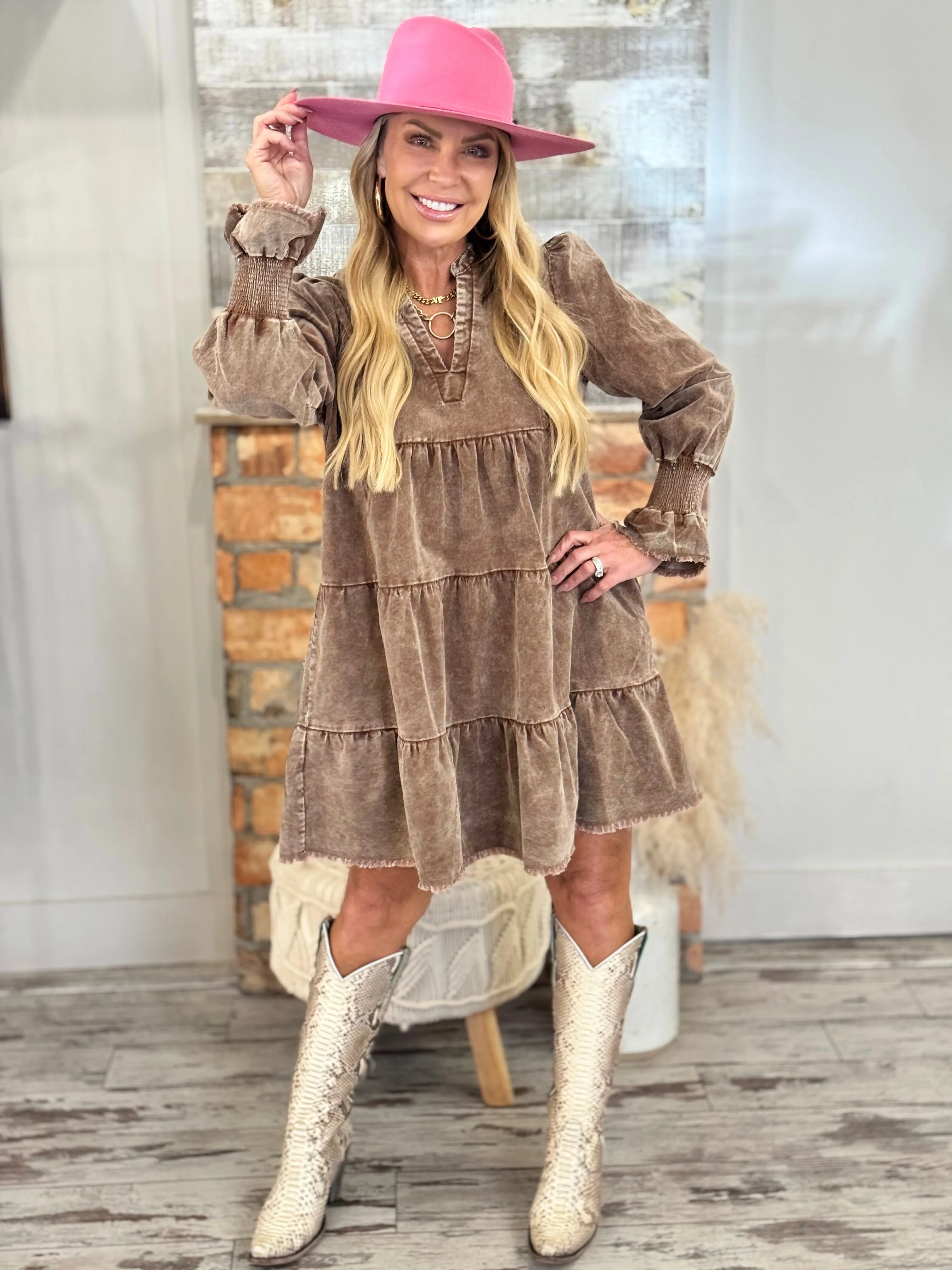 Tiered Mineral Wash Corduroy Dress