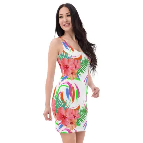 Tropical Hibiscus Floral White Bodycon Dress