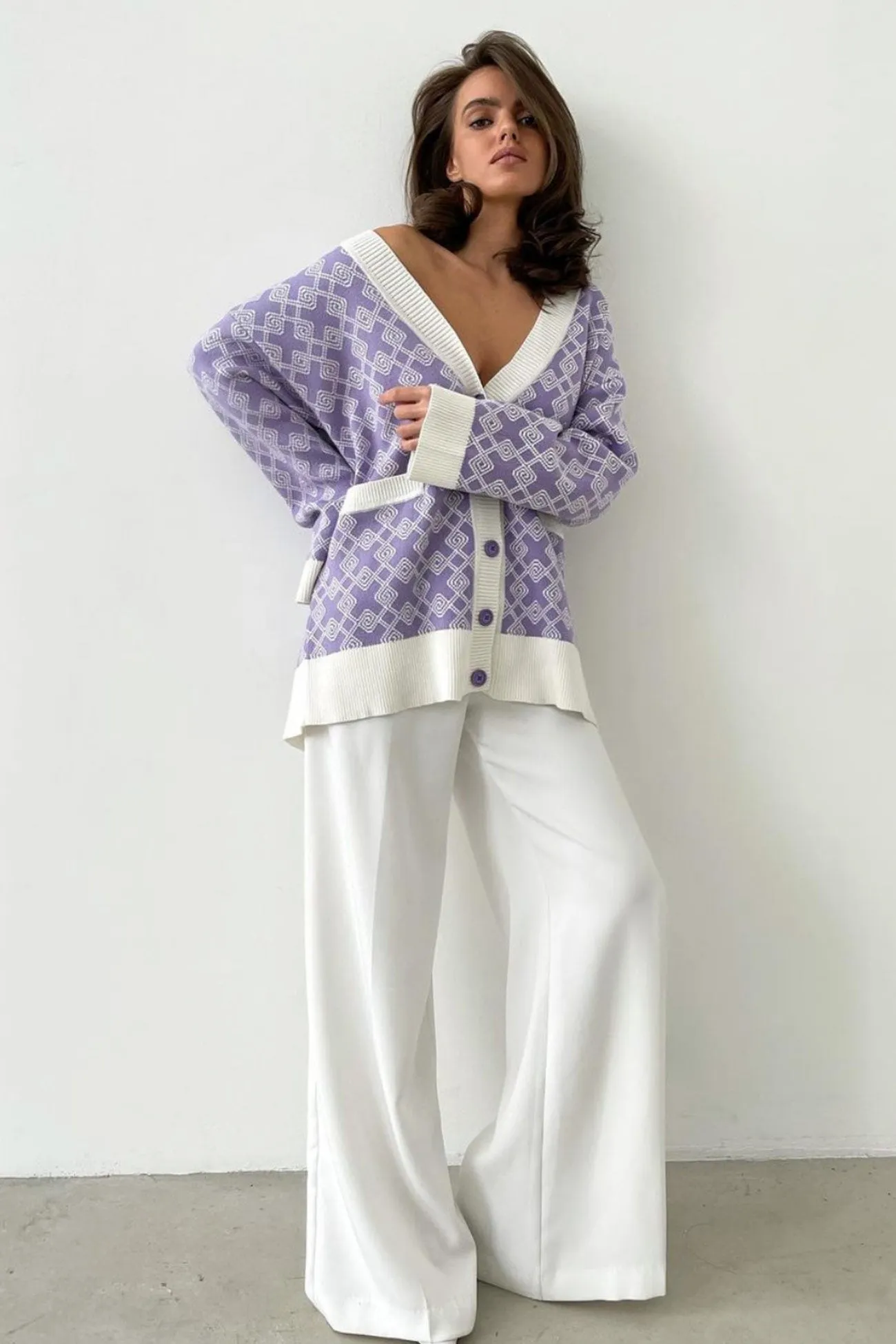 V Neck Geometric Pattern Cardigan