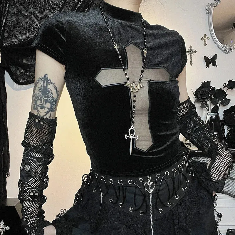 Vintage Sexy Alt Gothic Lace Patchwork Bodycon Dark Streetwear Crop Top