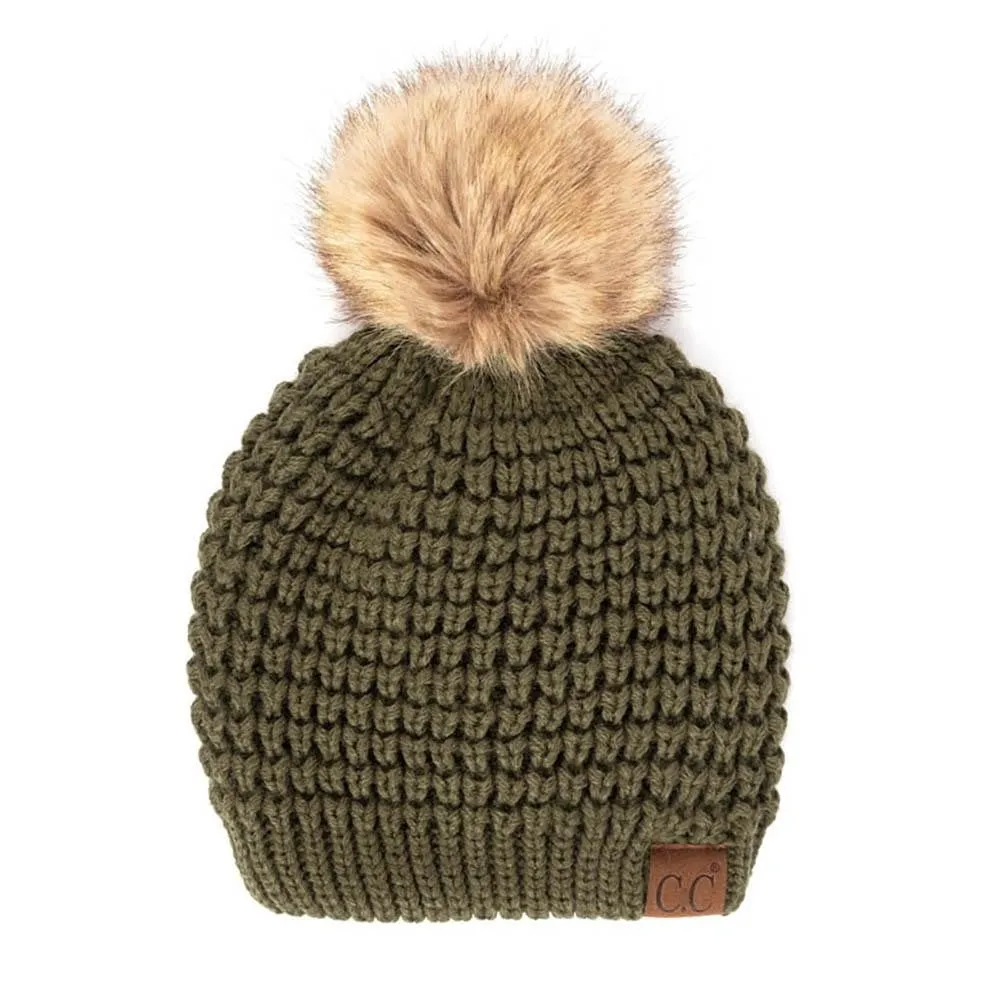 Waffle Stitch Pom Beanie - Moss