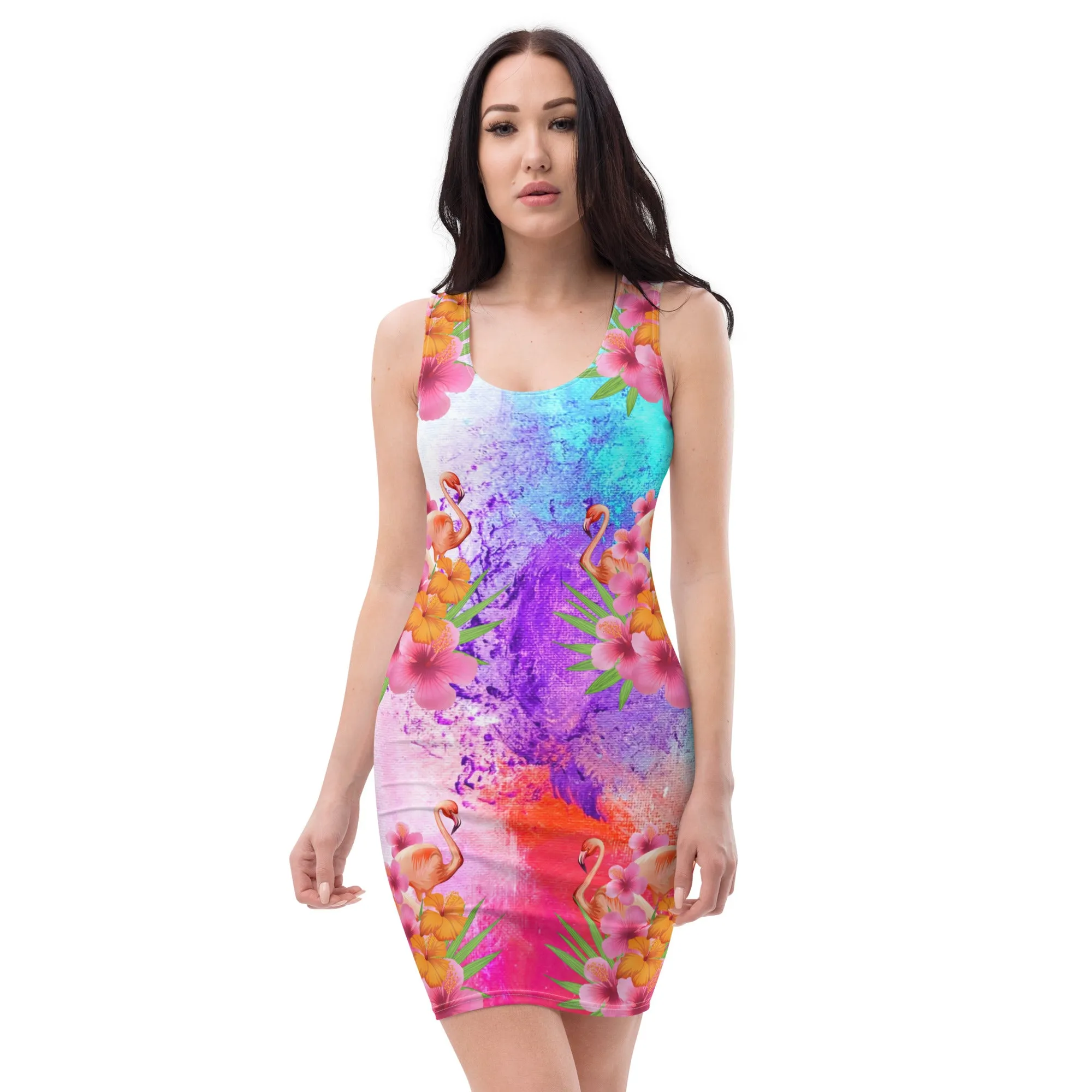 Watercolor Tropical Flamingos Bodycon Dress