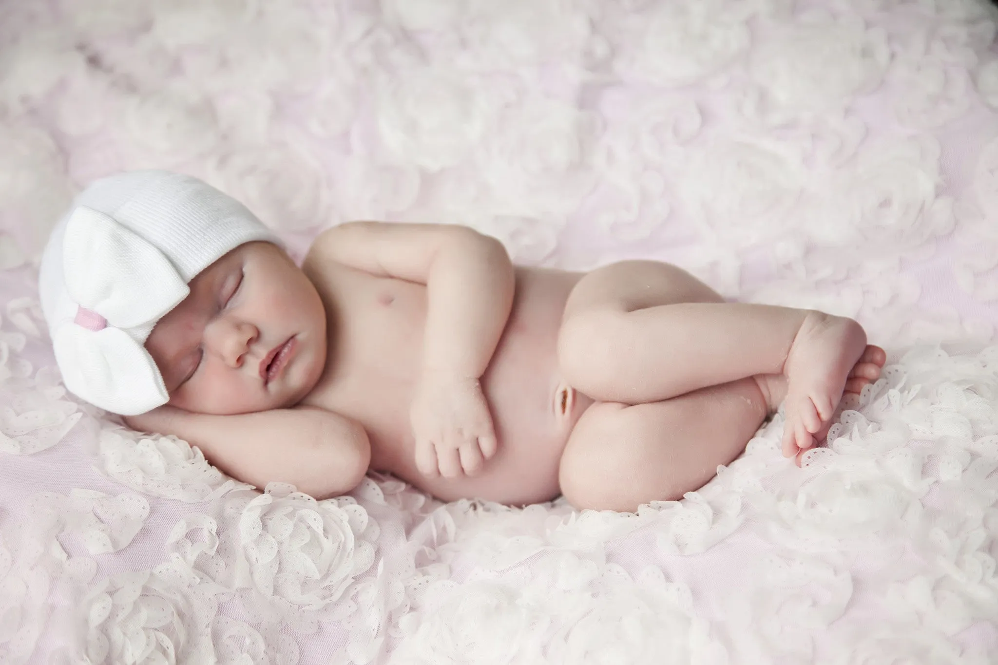 White Big Bow with Pink Ribbon Newborn Hospital Hat Infant Hat Newborn Hat