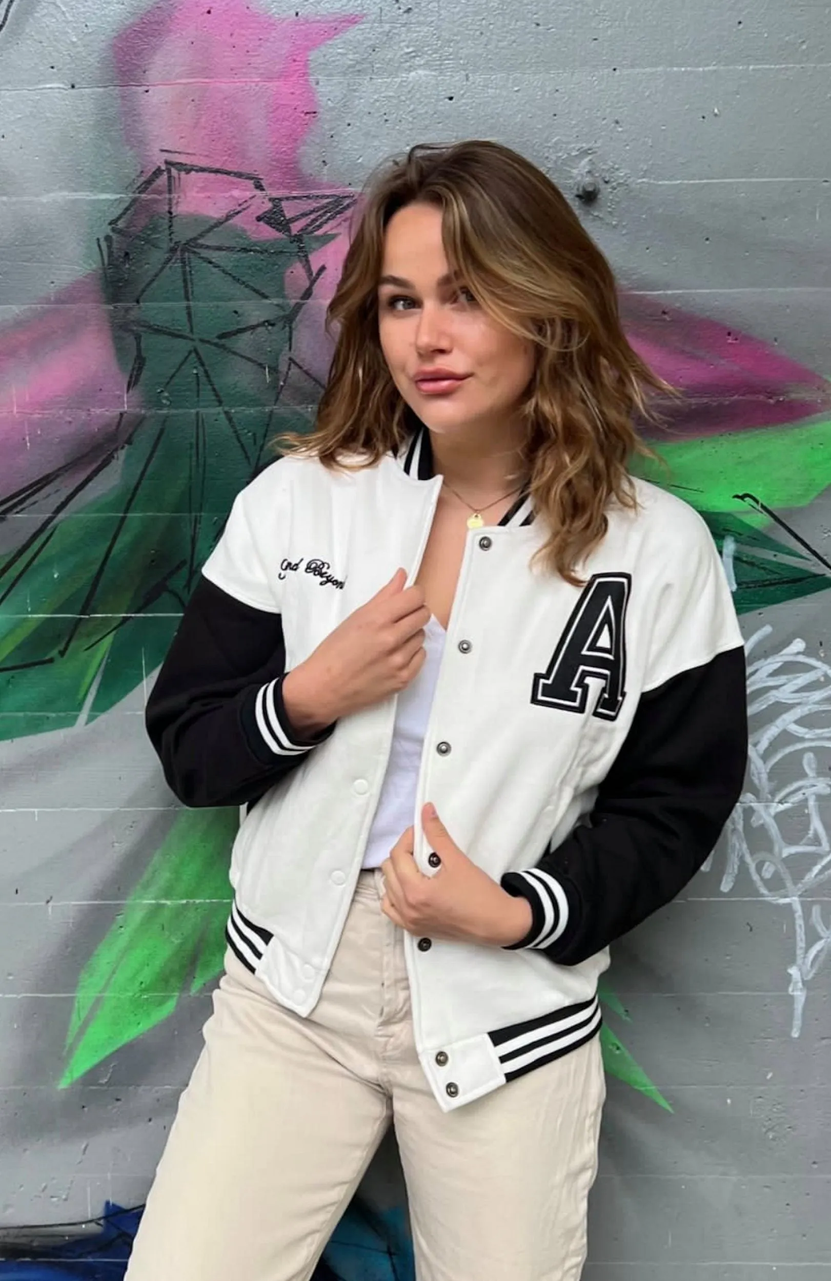 WHITE CONTRAST SLEEVE LETTER A VARSITY JACKET