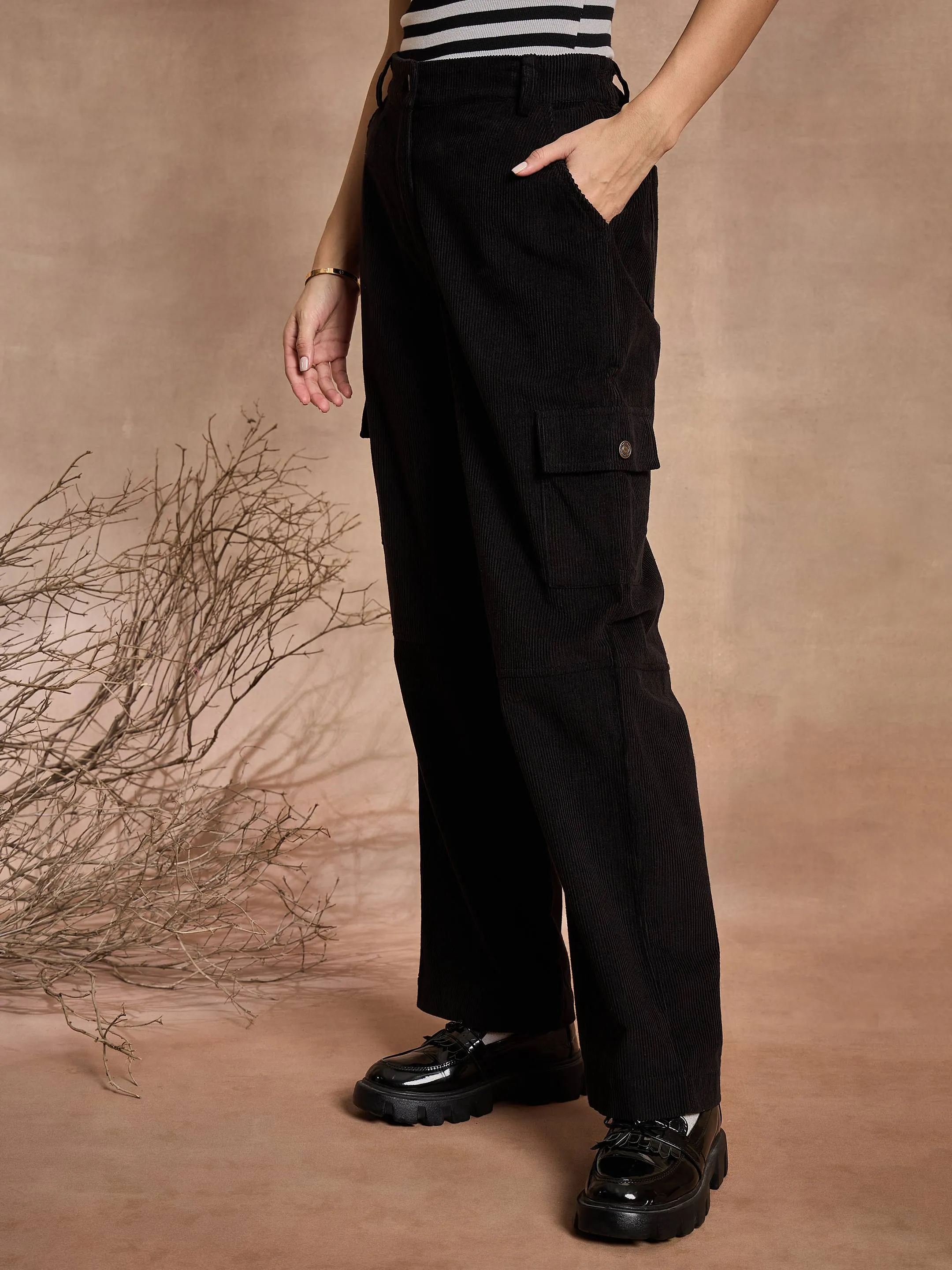 Women Black Corduroy Straight fit Cargo Pants