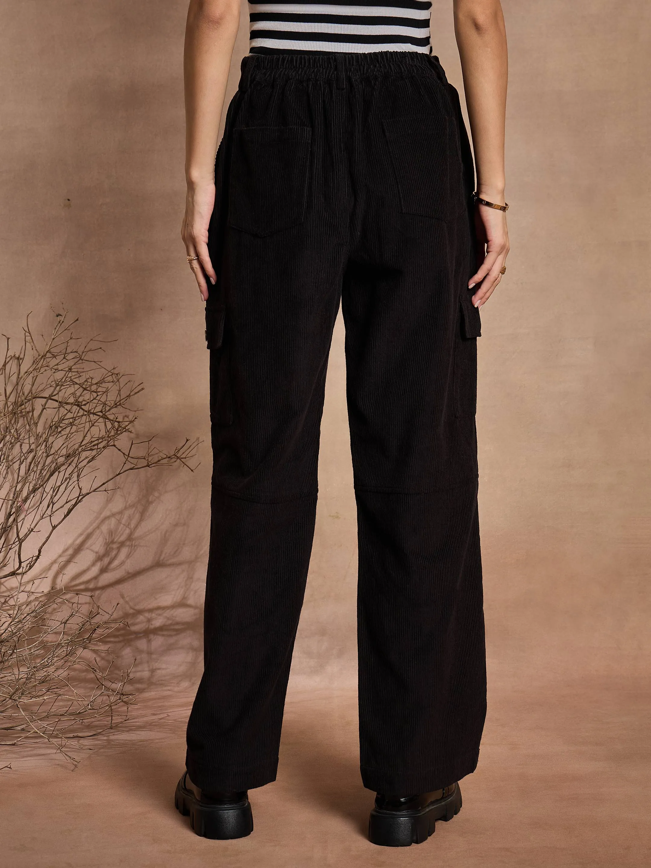 Women Black Corduroy Straight fit Cargo Pants