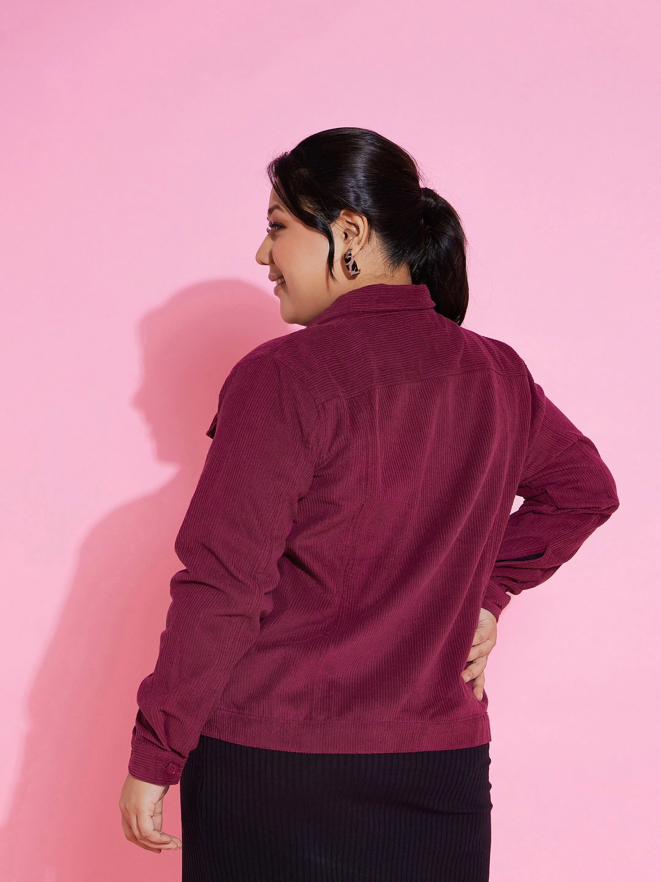 Women Burgundy Corduroy Button Jacket