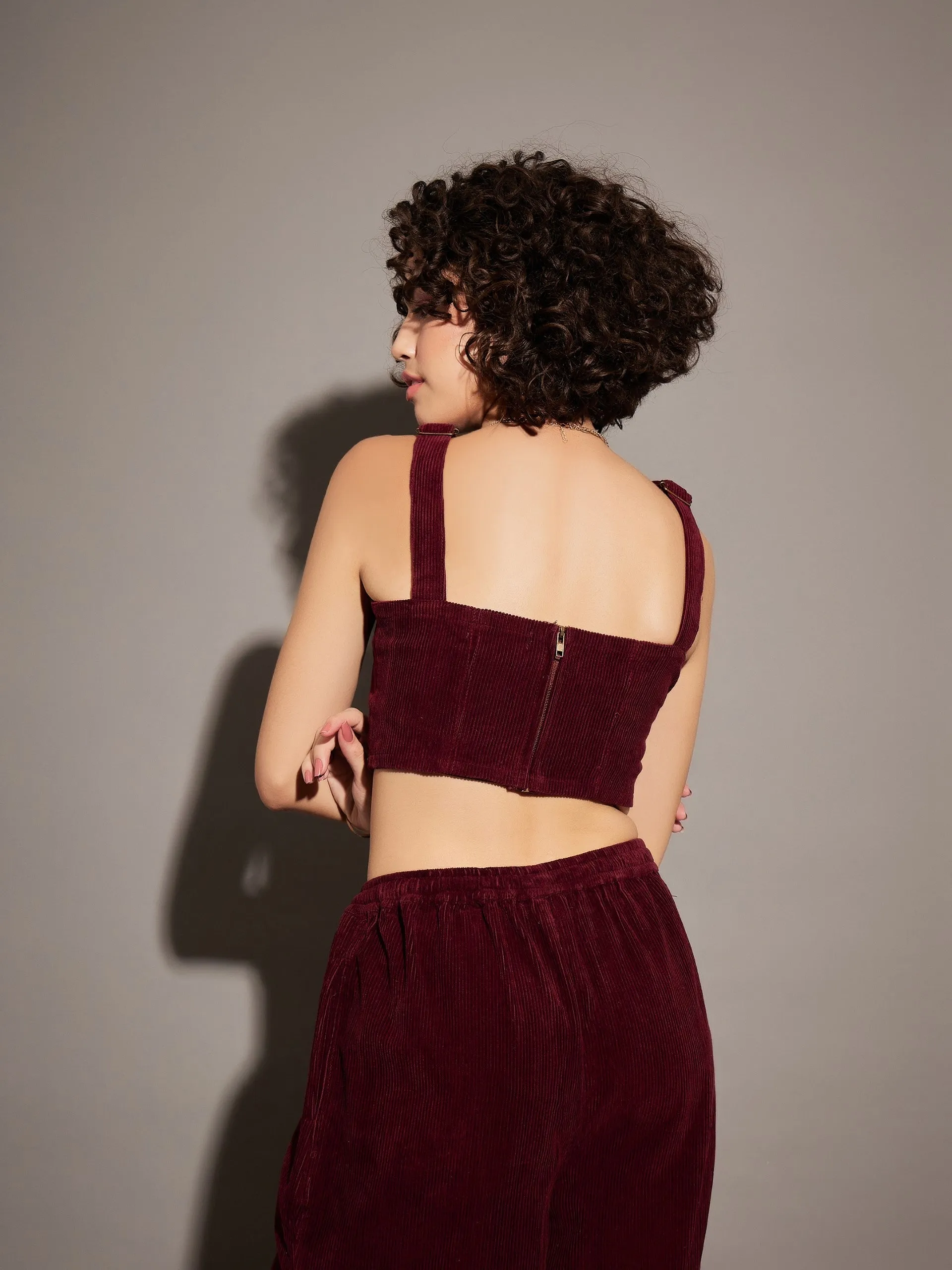 Women Maroon Corduroy Bustier Crop Top