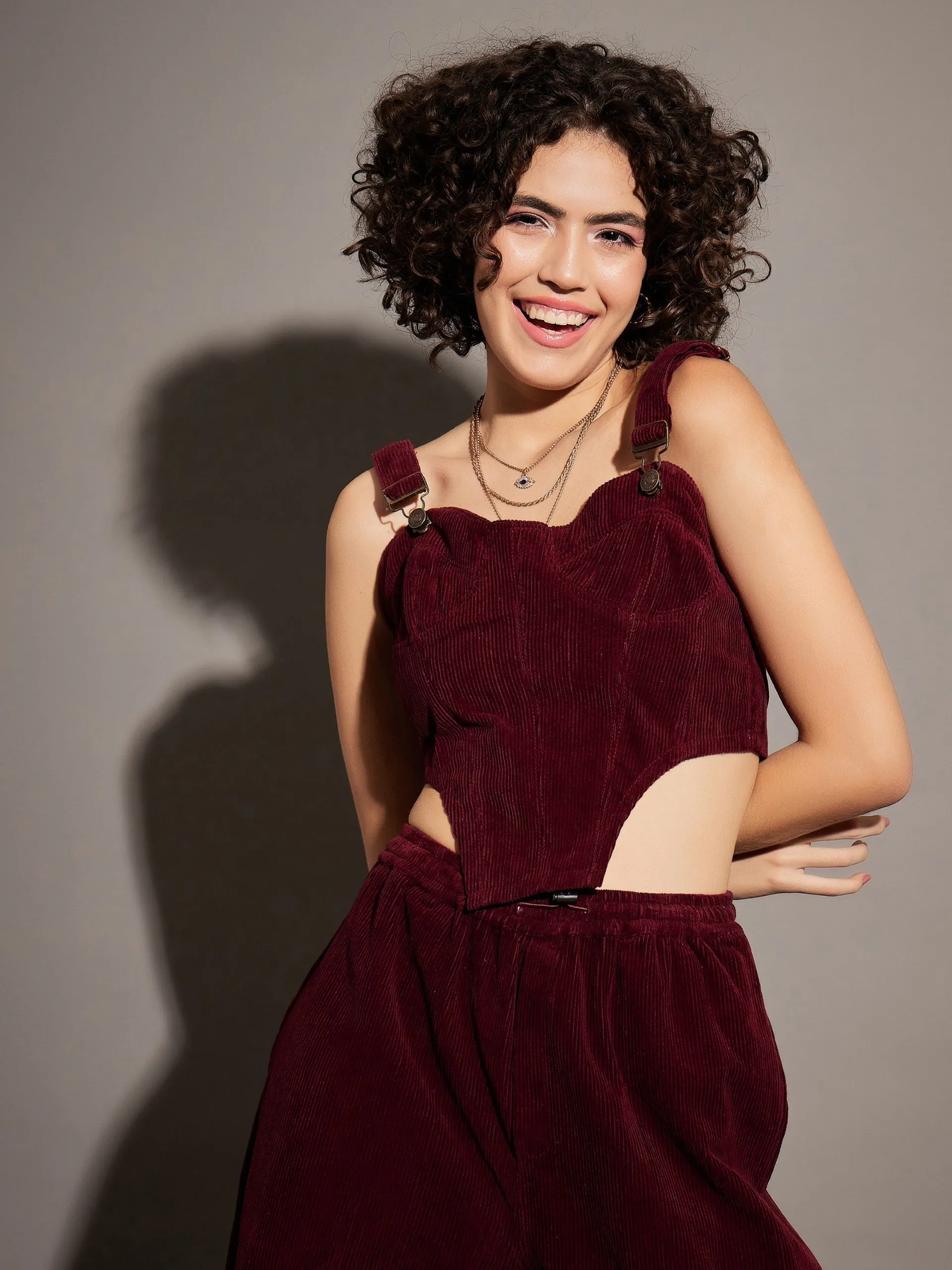 Women Maroon Corduroy Bustier Crop Top