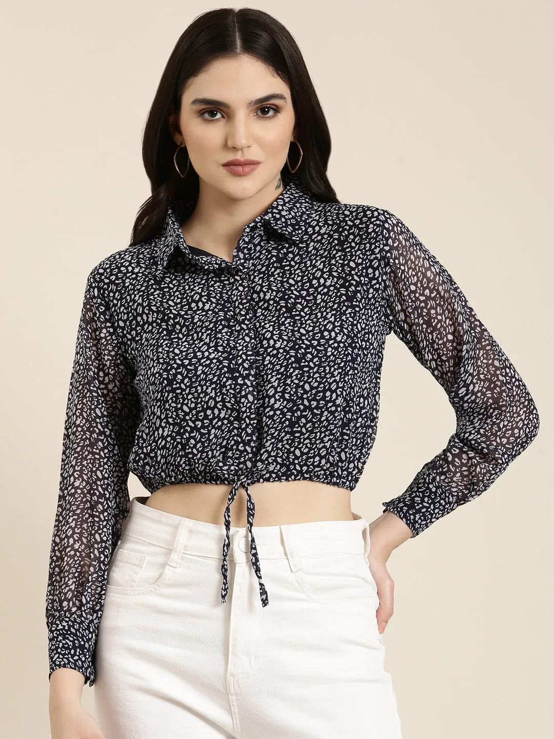 Women Navy Blue Printed Shirt Style Crop Top