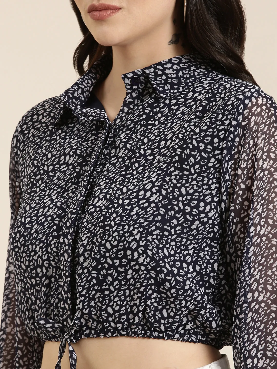 Women Navy Blue Printed Shirt Style Crop Top