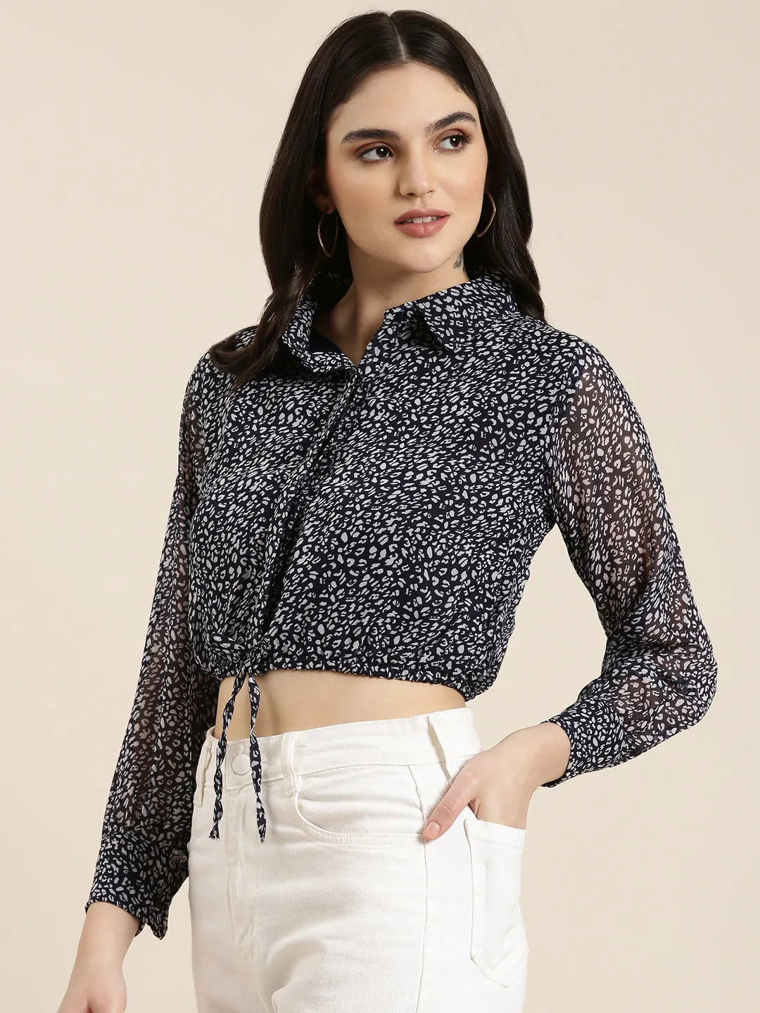 Women Navy Blue Printed Shirt Style Crop Top