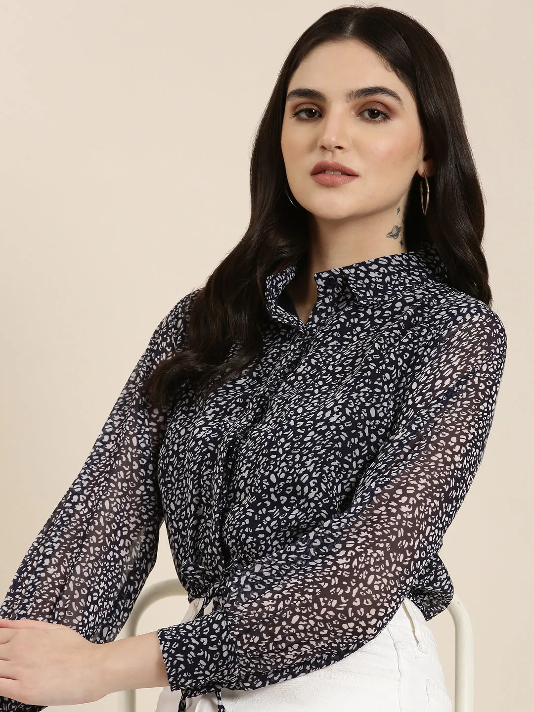 Women Navy Blue Printed Shirt Style Crop Top