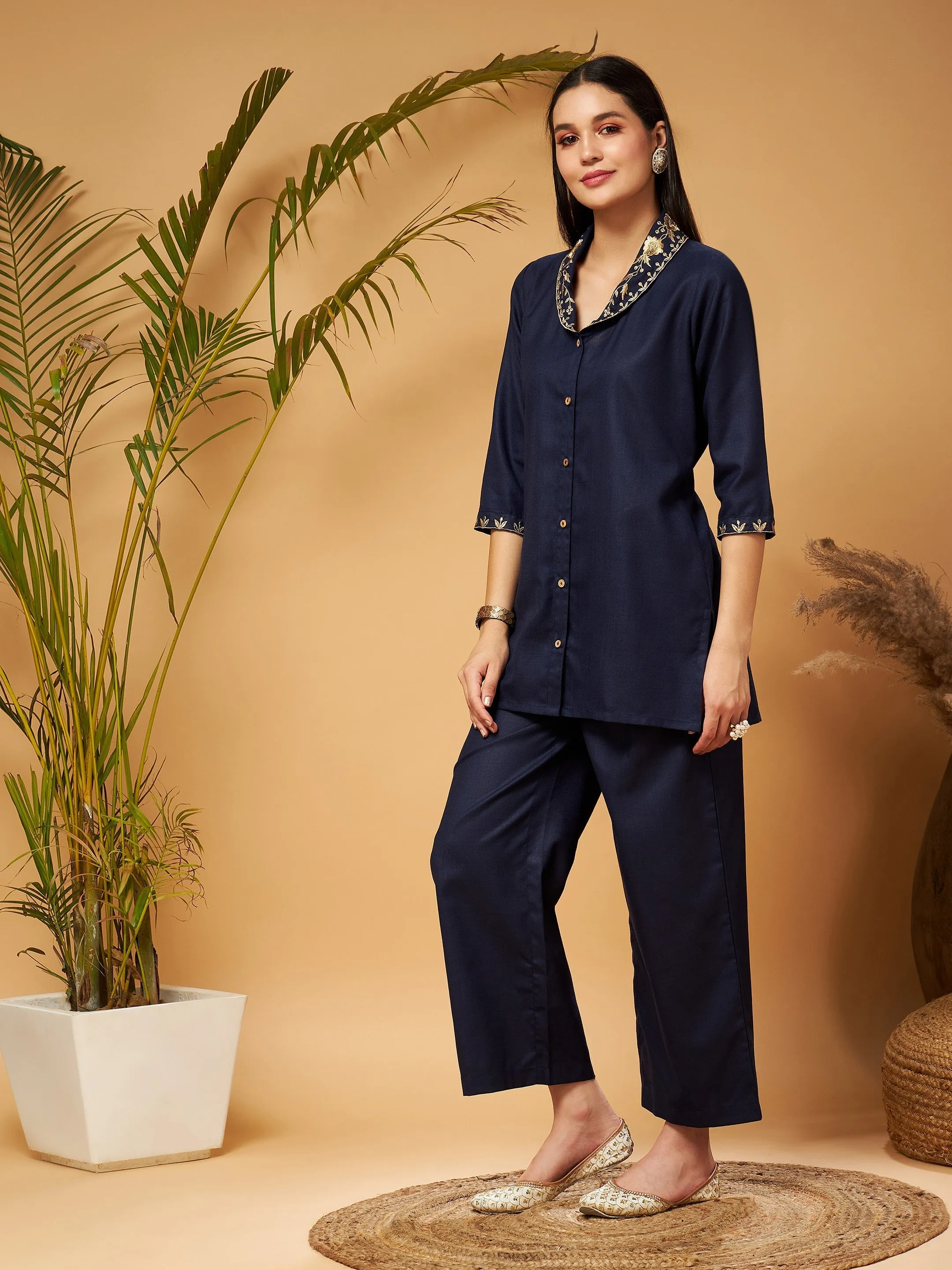 Women Navy Zari Embroidered Shawl Collar Top With Palazzos