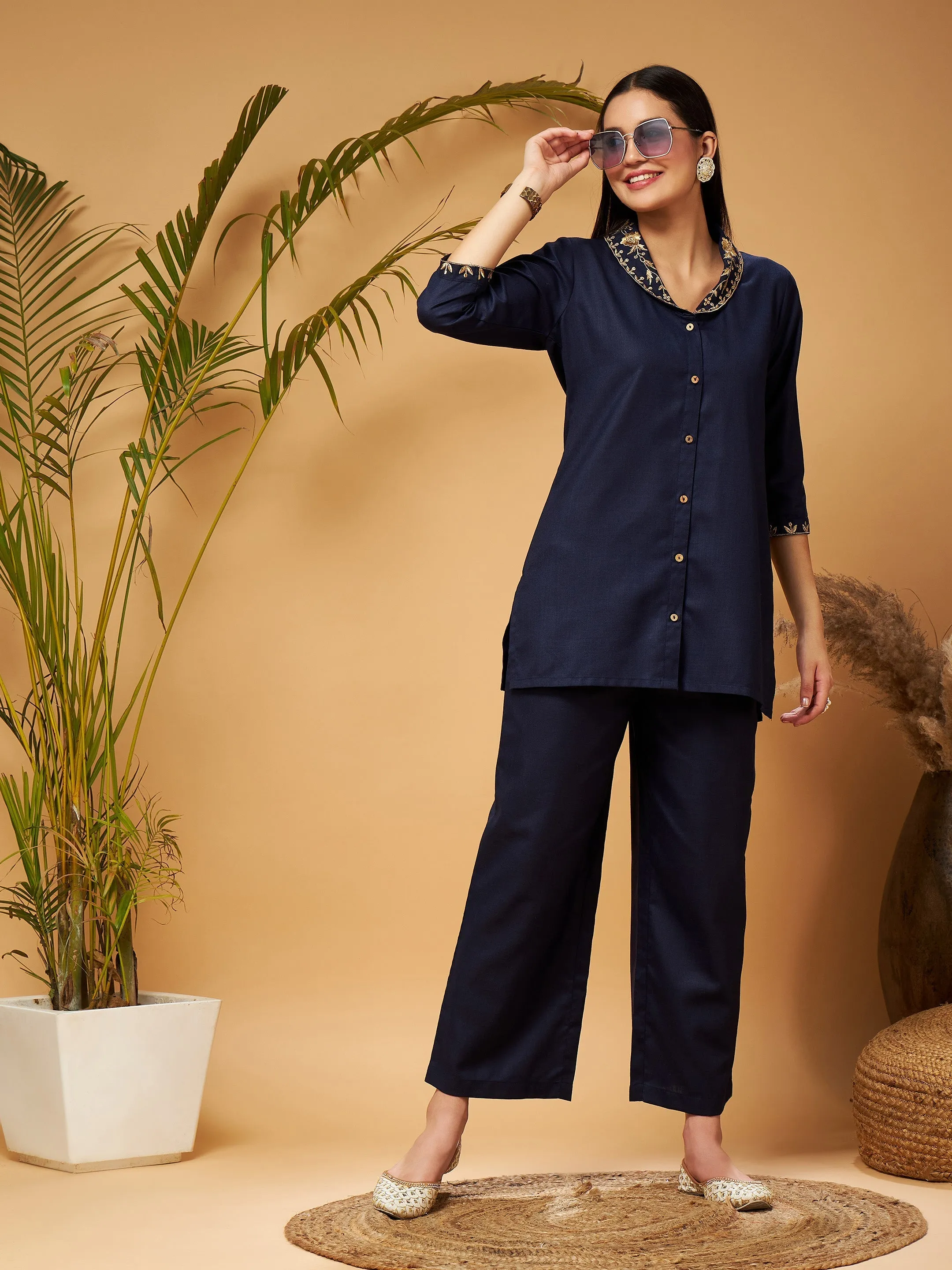 Women Navy Zari Embroidered Shawl Collar Top With Palazzos