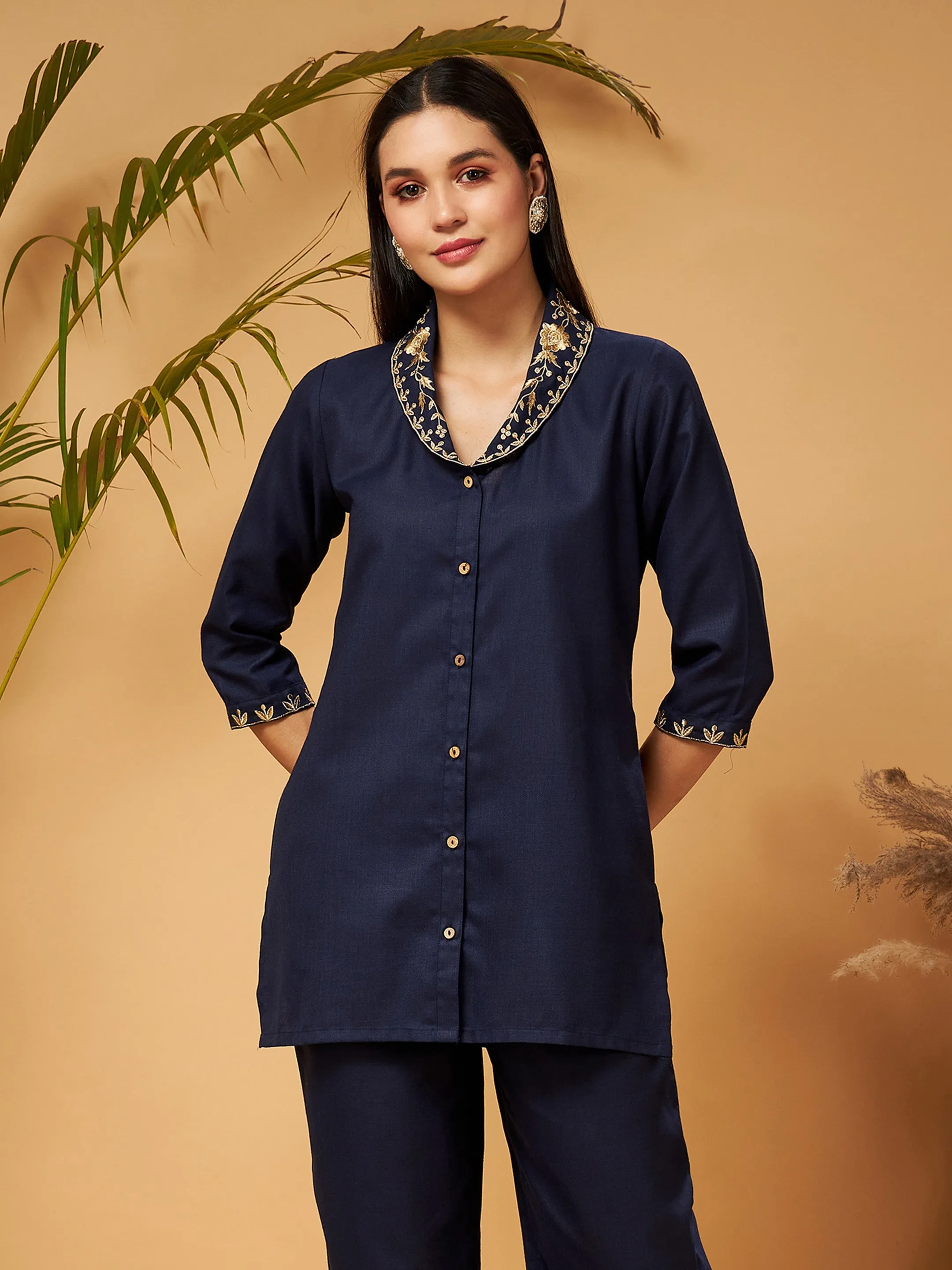 Women Navy Zari Embroidered Shawl Collar Top With Palazzos