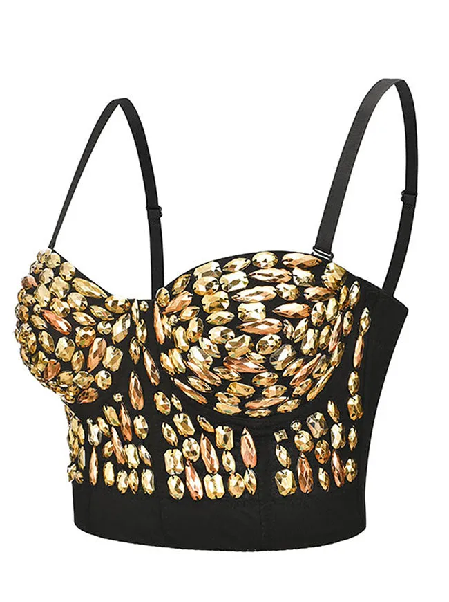 Women Punk Golden Beads B Cup Padded Boned Clubwear Bustier Bra Top