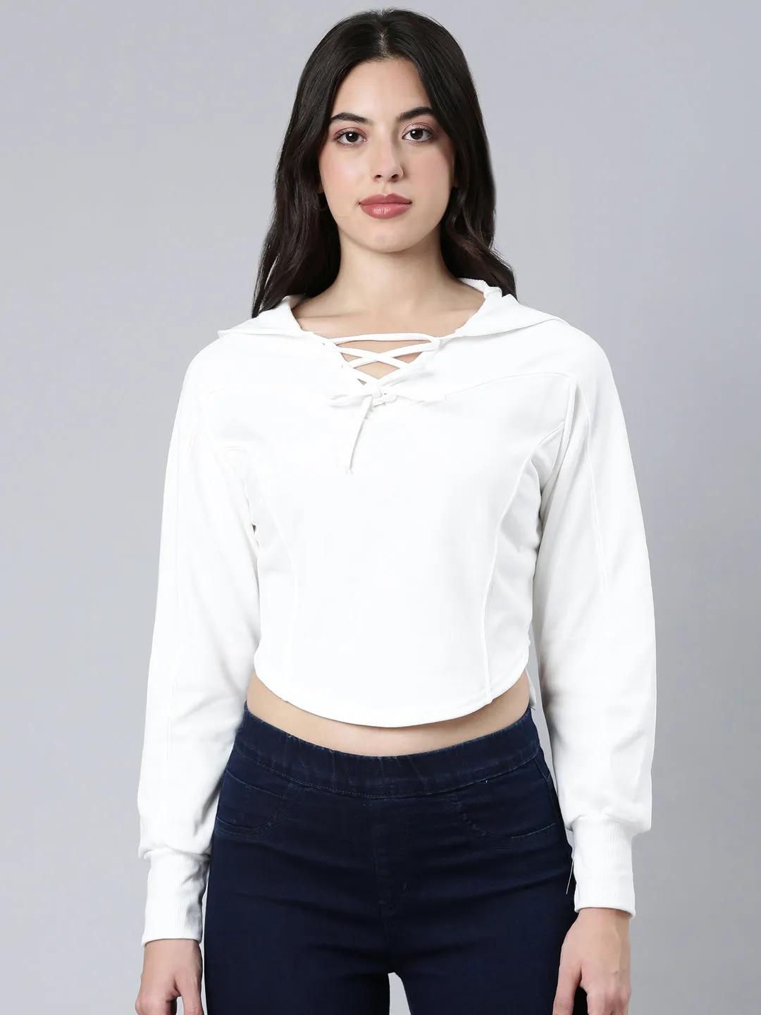 Women Solid White Crop Sweatshirt