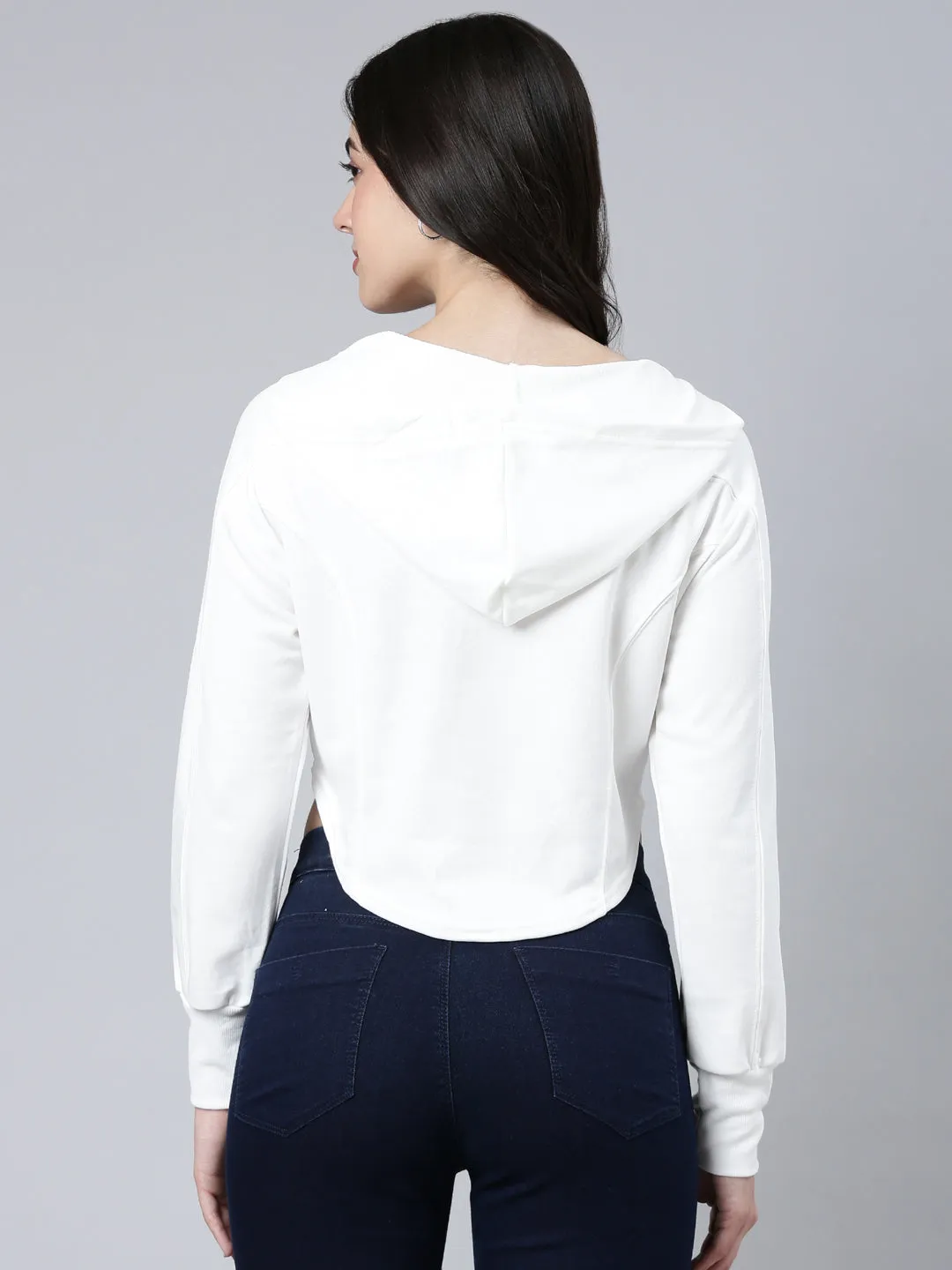 Women Solid White Crop Sweatshirt