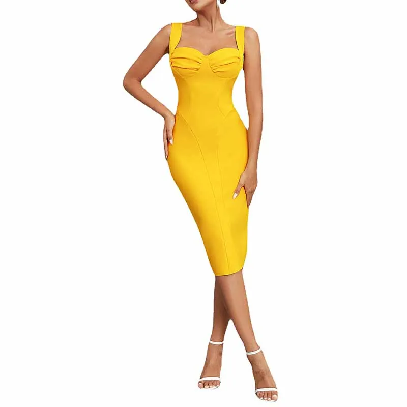 Women Spaghetti Strap U Neck Yellow Bodycon Midi Cocktail Bandage Dress