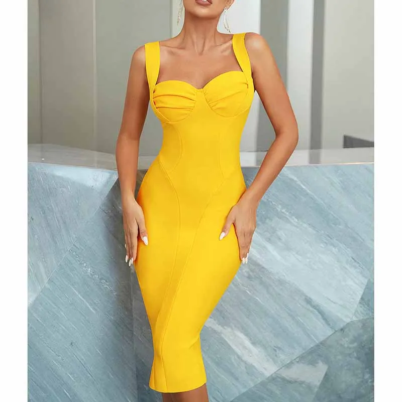 Women Spaghetti Strap U Neck Yellow Bodycon Midi Cocktail Bandage Dress