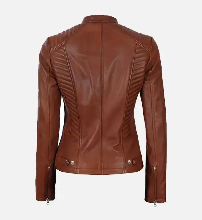 Women's Cognac Wax Cafe Racer Leather Jacket