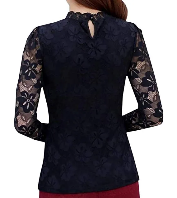 Women's Floral Lace Tops Overlay Turtleneck Sheer Long Sleeve Party Blouse