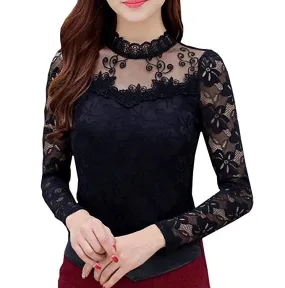 Women's Floral Lace Tops Overlay Turtleneck Sheer Long Sleeve Party Blouse