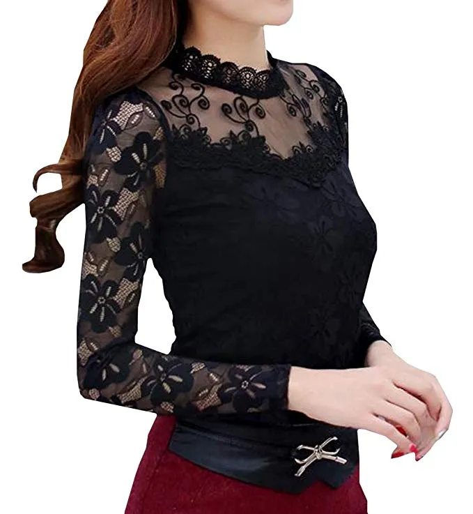 Women's Floral Lace Tops Overlay Turtleneck Sheer Long Sleeve Party Blouse